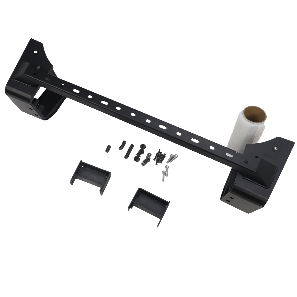 PLOMOR aluminium and steel front bumper light mount bracket for Ineos Grenadier. Gloss black finish, custom-fit for two spotlights or one LED light bar.