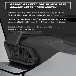 Roof-mounted engine cover support bracket for Toyota Land Cruiser LC250 (1958-2024). Features extendability for additional mounting positions, durable alloy construction, and a corrosion-resistant matte black finish. Ideal for off-road accessories like light bars and work lights.