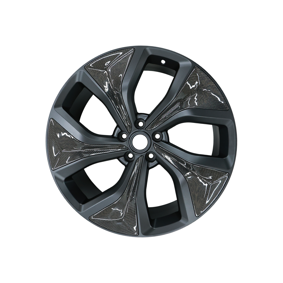 Close-up view of the forged alloy wheel for Range Rover Sport L461, highlighting the precision of the carbon fibre detailing and lightweight construction.