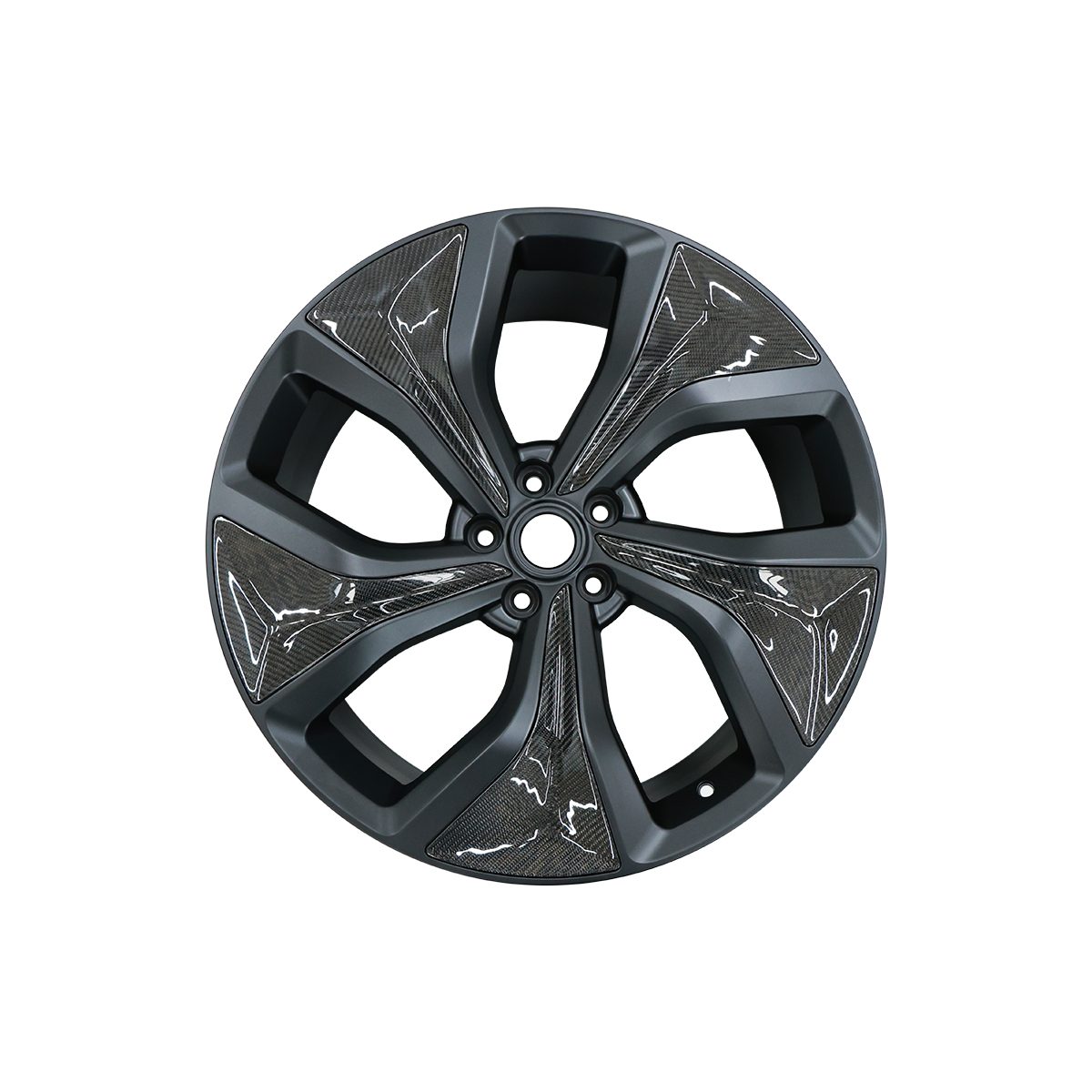 Close-up view of the forged alloy wheel for Range Rover Sport L461, highlighting the precision of the carbon fibre detailing and lightweight construction.