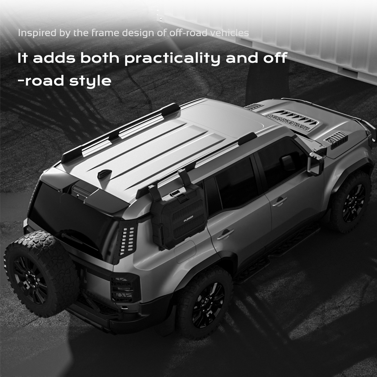 PLOMOR D-pillar embedded bar guard / MOLLE panel / window guard with grab handles fitted on Toyota Land Cruiser LC250 / Land Cruiser 1958 (2024+), adding practicality and off-road style; lightweight magnesium-aluminium design.