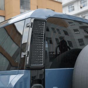 Close-up fitment of D-pillar storage box on Land Rover Defender 110