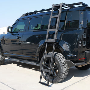 Detailed installed roof access ladder on Defender 110