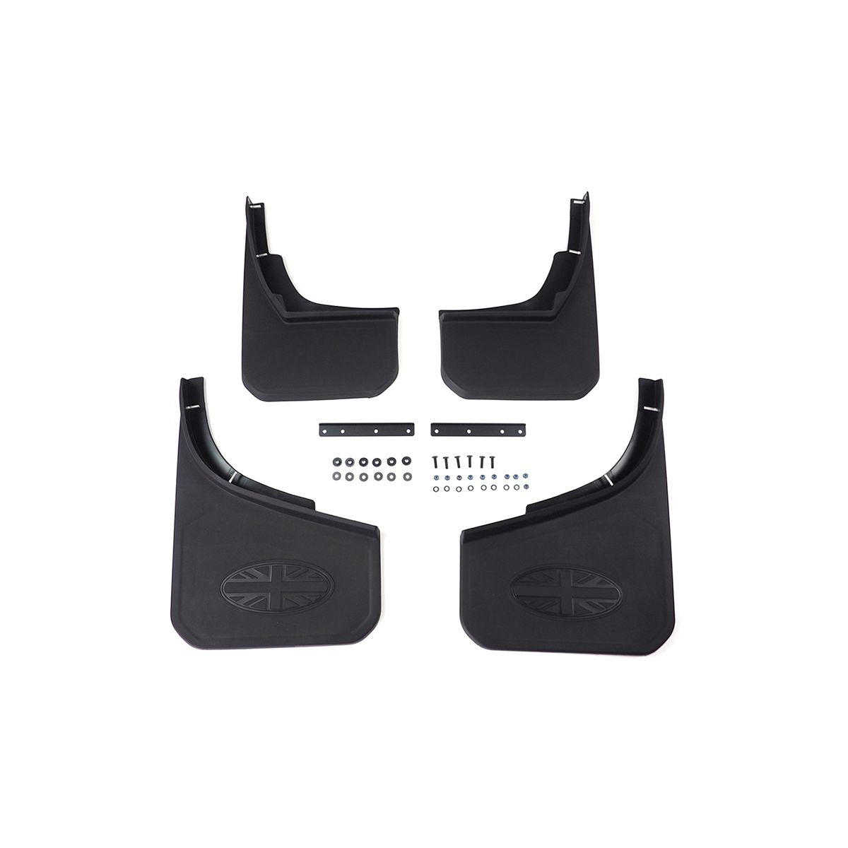 Land Rover Defender L663 Black Union Jack Mud Flaps | Front View