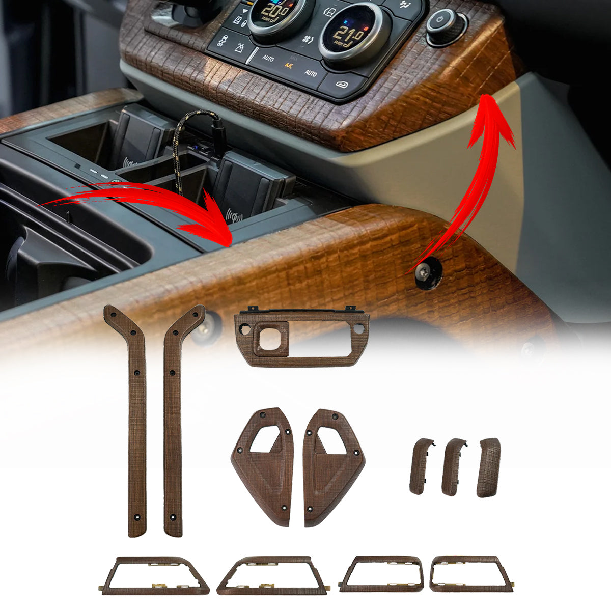 Wood grain interior trim installed in Land Rover Defender 90 110 and 130