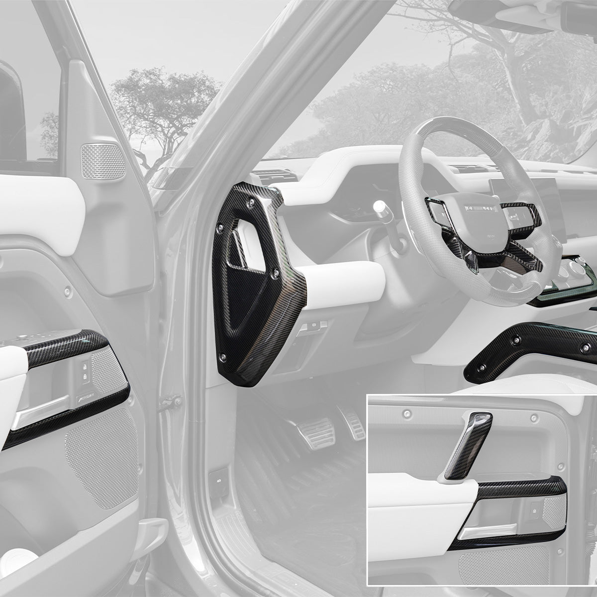 Defender carbon fiber interior trim installed night ambient lighting view
