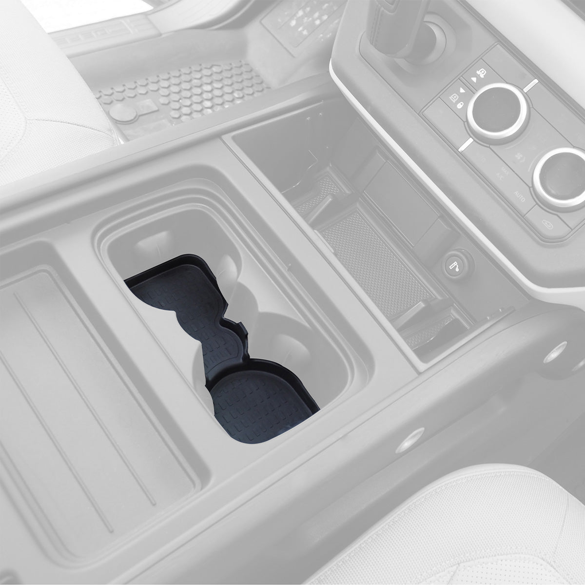 Land Rover Defender cup holder mat installed interior view