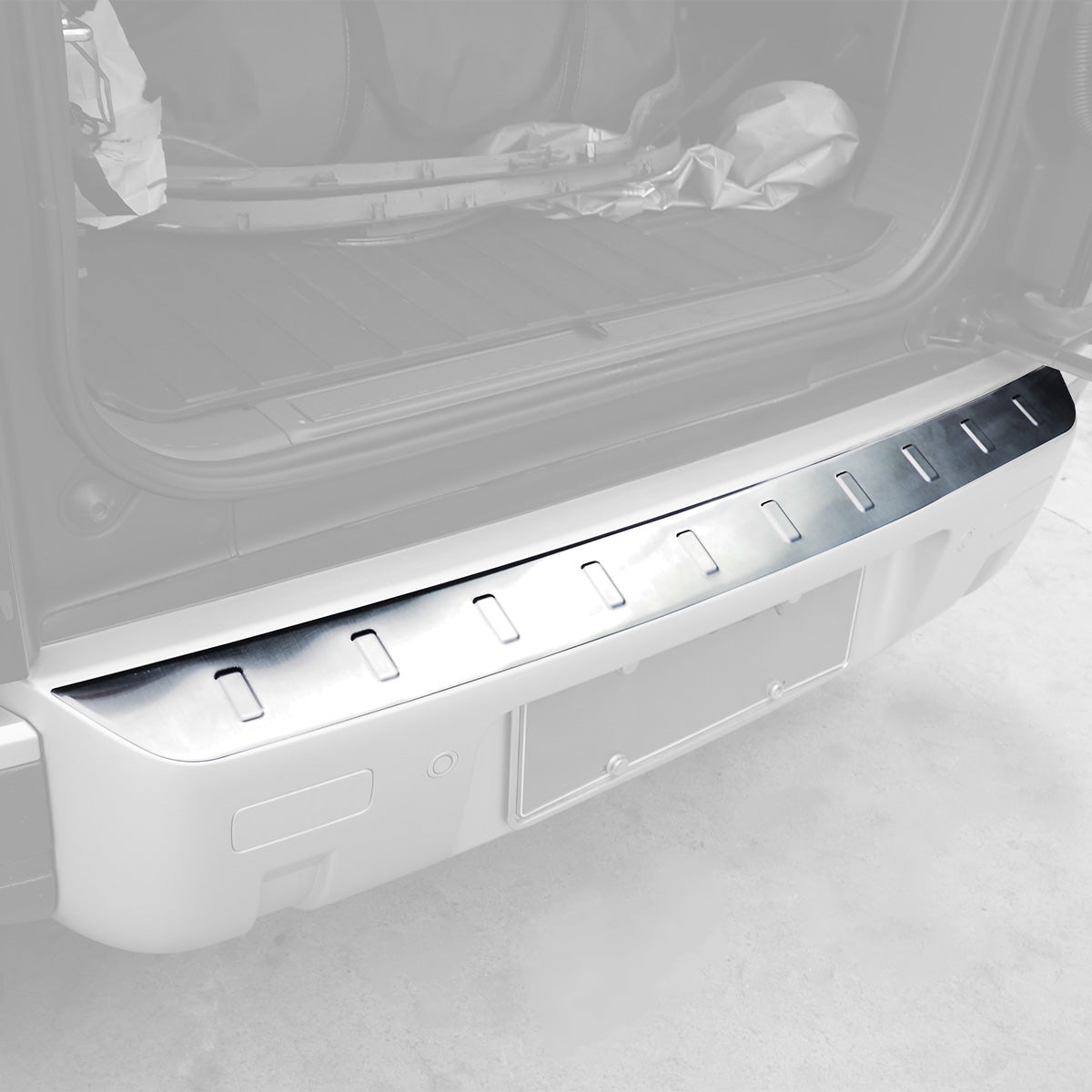 Installed Land Rover Defender 90/110 rear sill guard silver