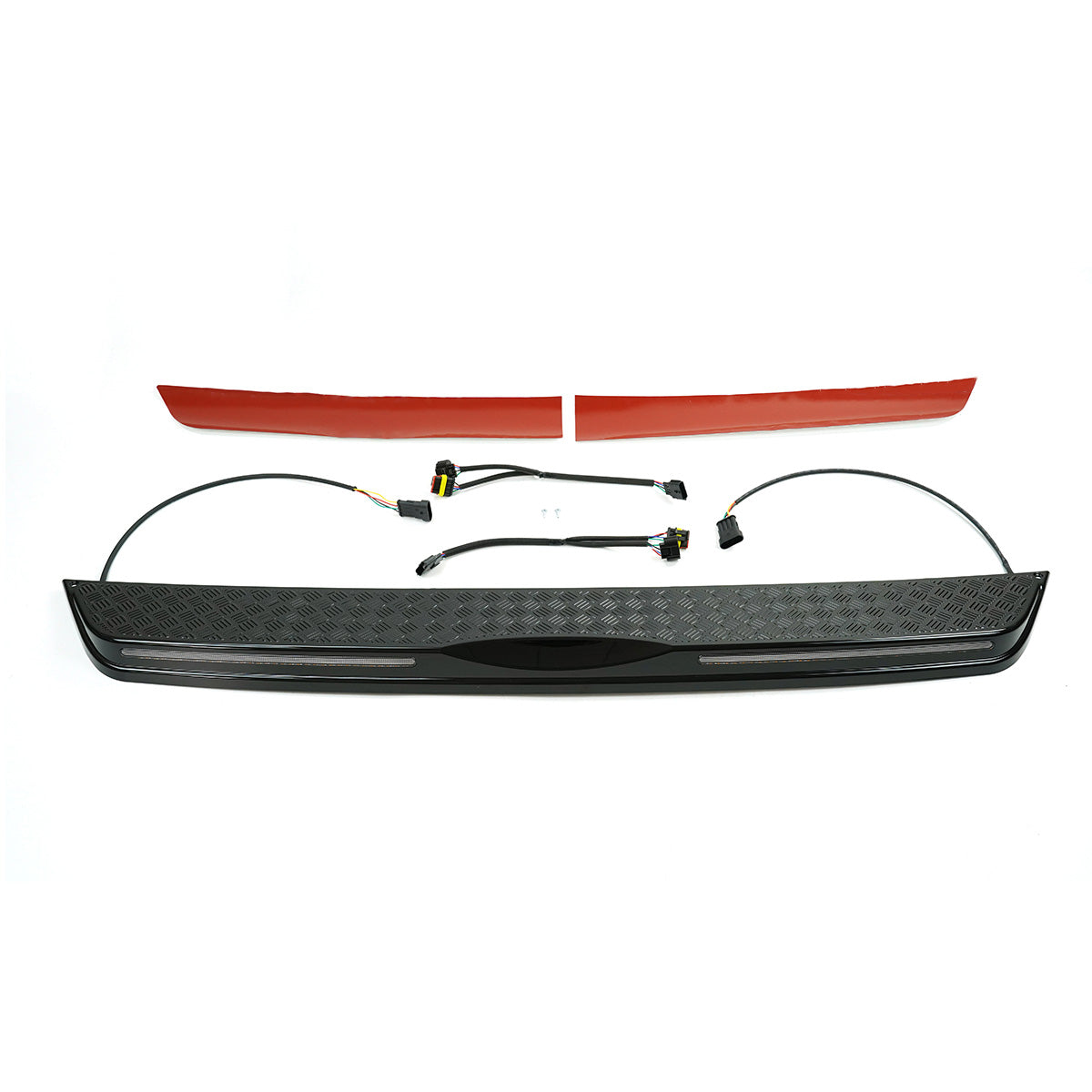 Side view showing full-width carbon-style rear tailgate LED light bar for Defender 90/110 (L663)