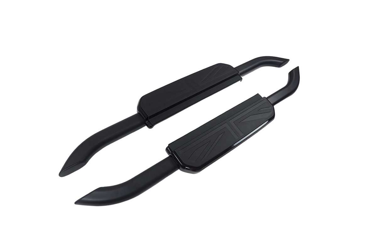 Iconic Union Jack Design Styling - PLOMOR Defender 90 Union Jack Aluminium Side Steps – Black/Silver Trim OEM Fit