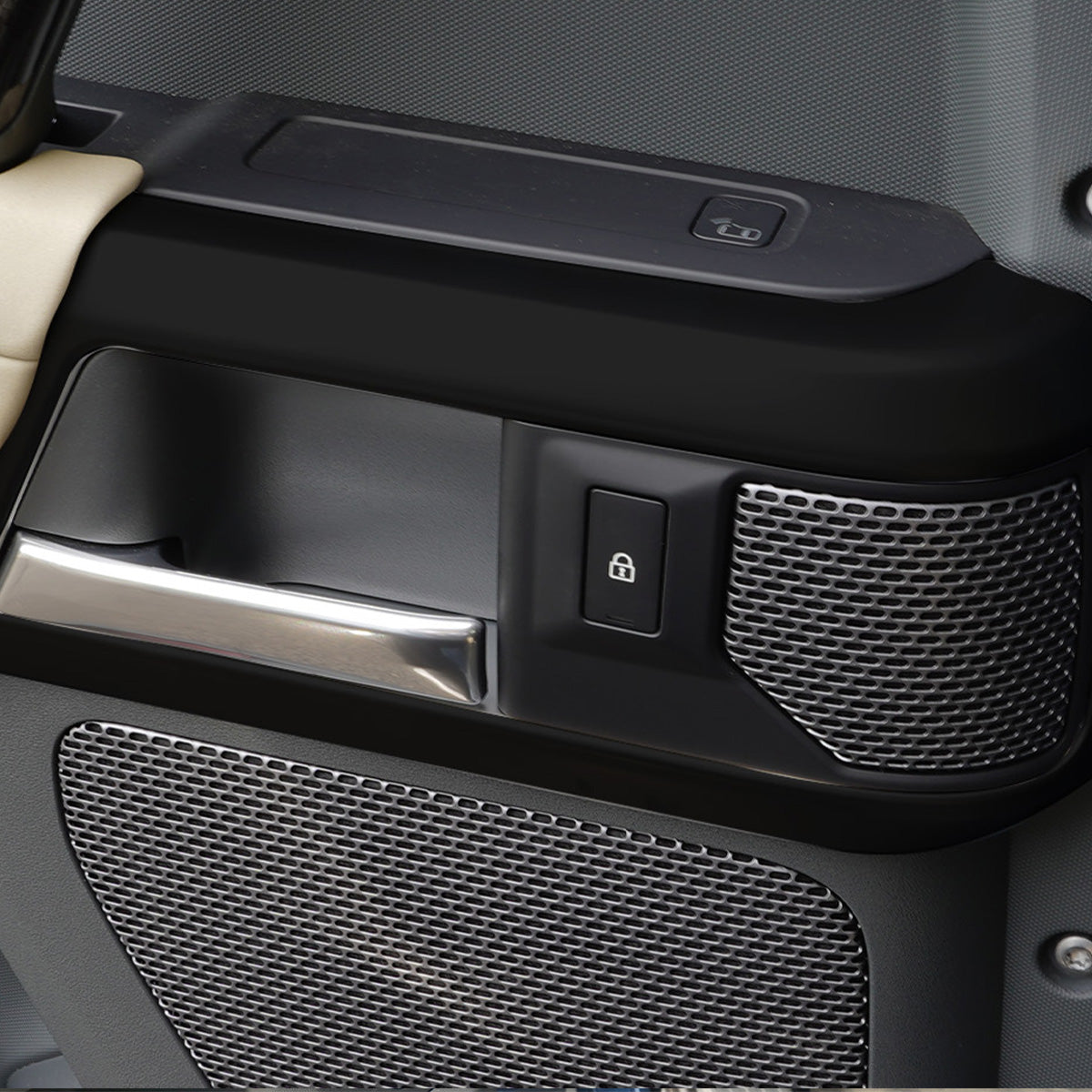 Gloss black dashboard trim installed cabin view for Land Rover Defender