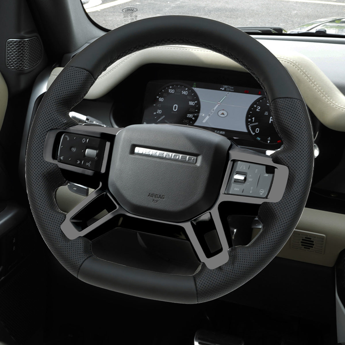 Alcantara grip steering wheel installed Defender interior shot