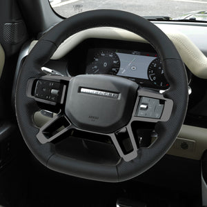 Alcantara grip steering wheel installed Defender interior shot