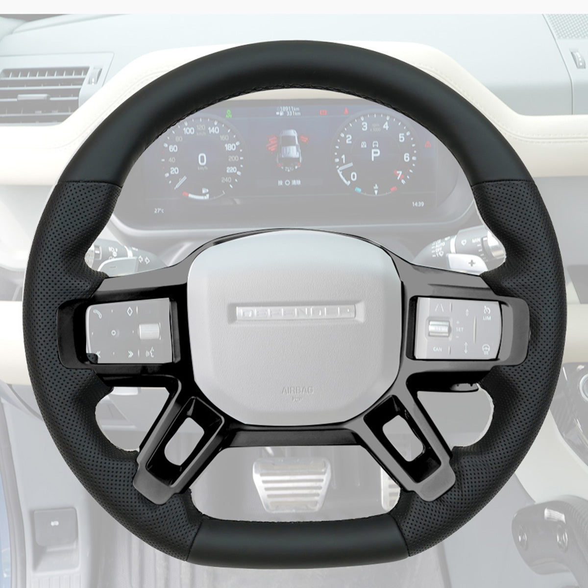 Defender steering wheel installed driving position view