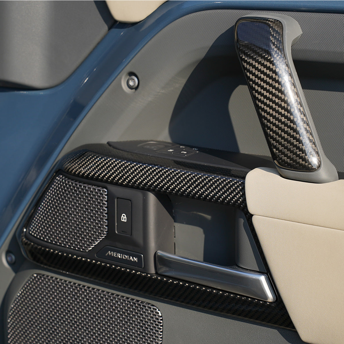 Carbon fiber air vent trim installed interior look for Land Rover Defender