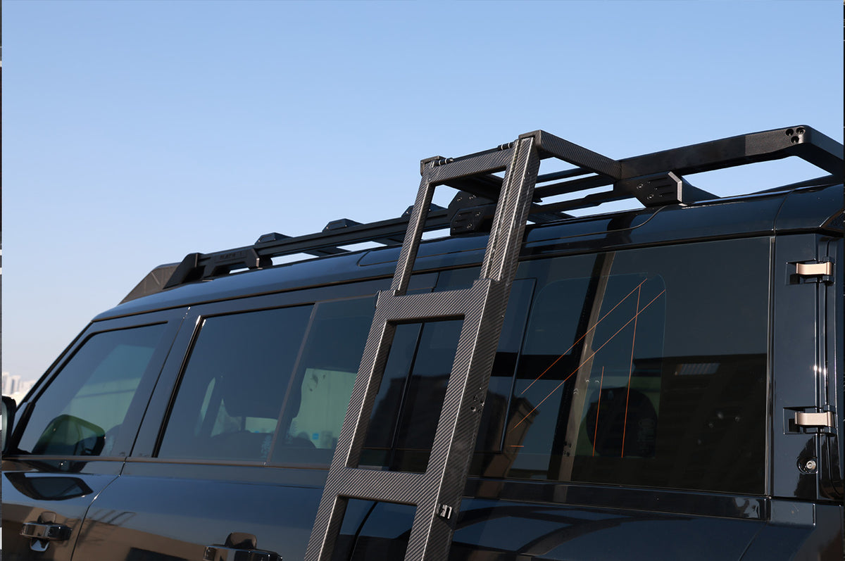 Carbon Fibre Roof Ladder  - PLOMOR Defender 110 Carbon Fibre Roof Ladder – Black, OEM Fit, No Drill