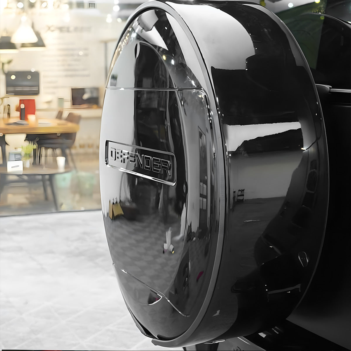 Rear View of 22 Inch Spare Wheel Lock Ring Installed on Defender