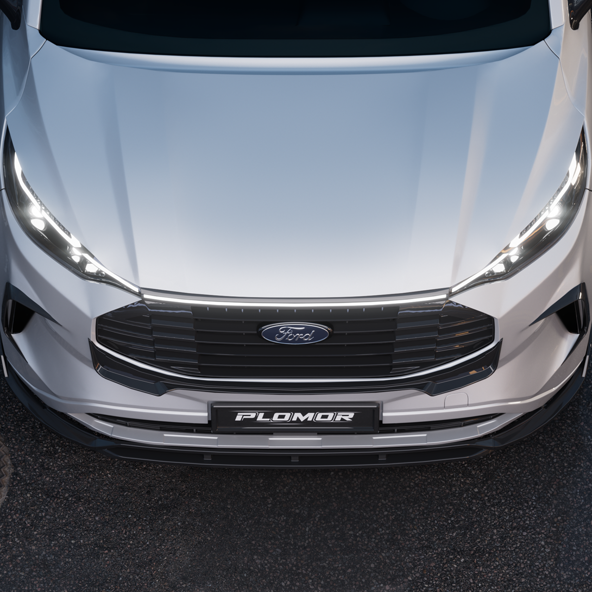 Sleek and durable ABS front grille with LED lights installed on Ford Transit 2024+, offering modern styling and practical functionality.