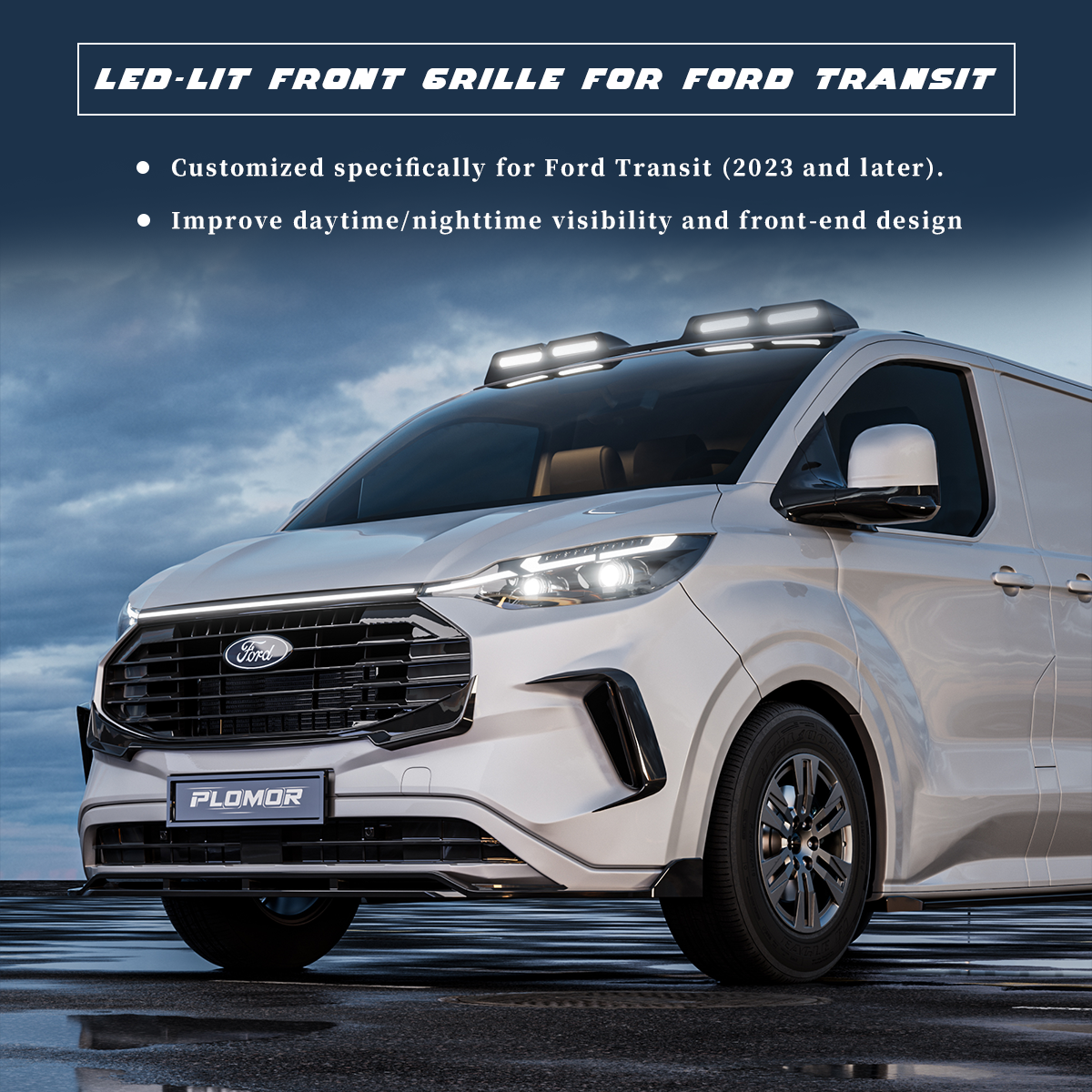 "Gloss black front grille replacement for Ford Transit (2024+) featuring integrated LED lighting, crafted from durable ABS to enhance visibility and sporty front-end styling."