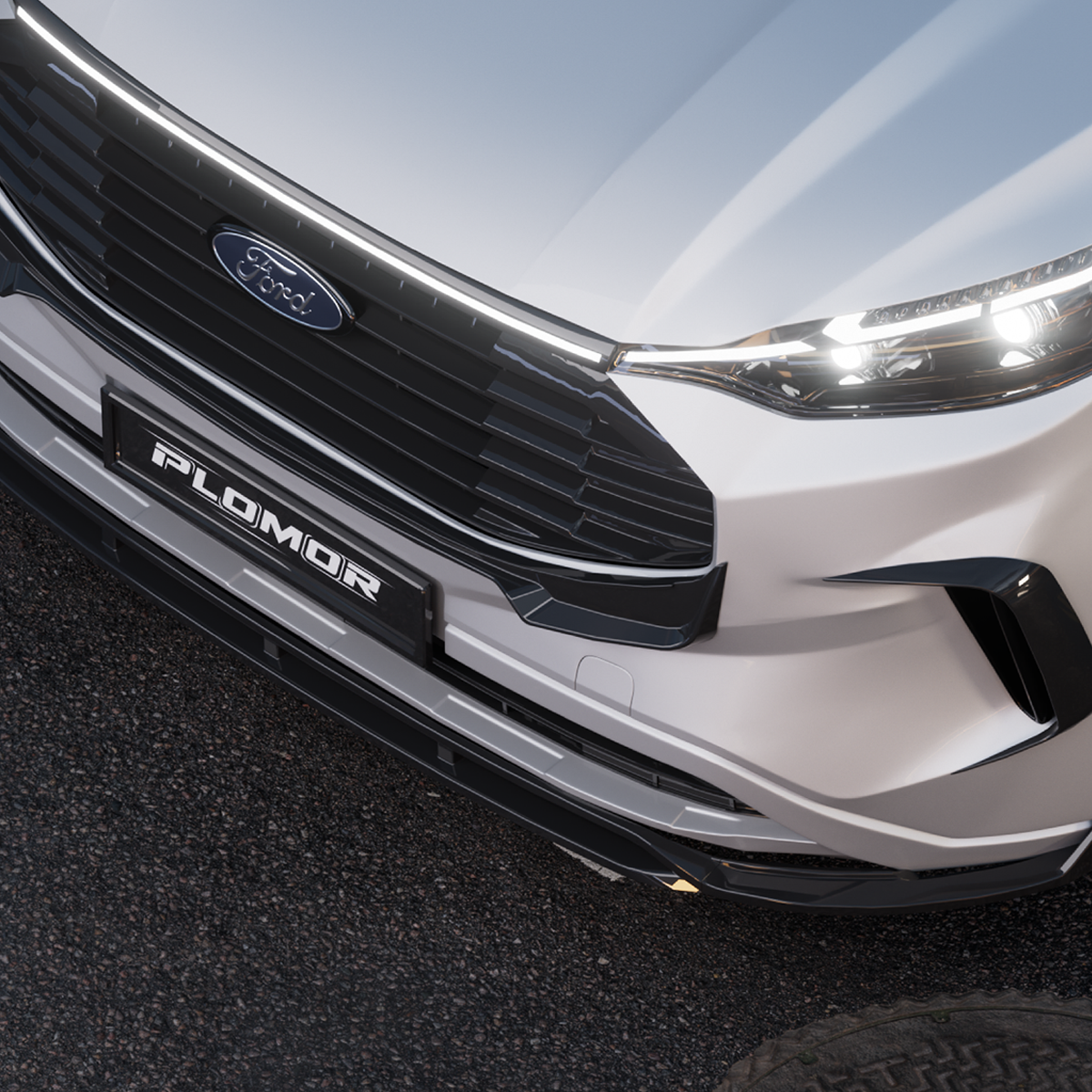 Ford Transit 2024+ front grille with LED lighting, installed and ready to improve visibility and enhance the vehicle's sporty look.