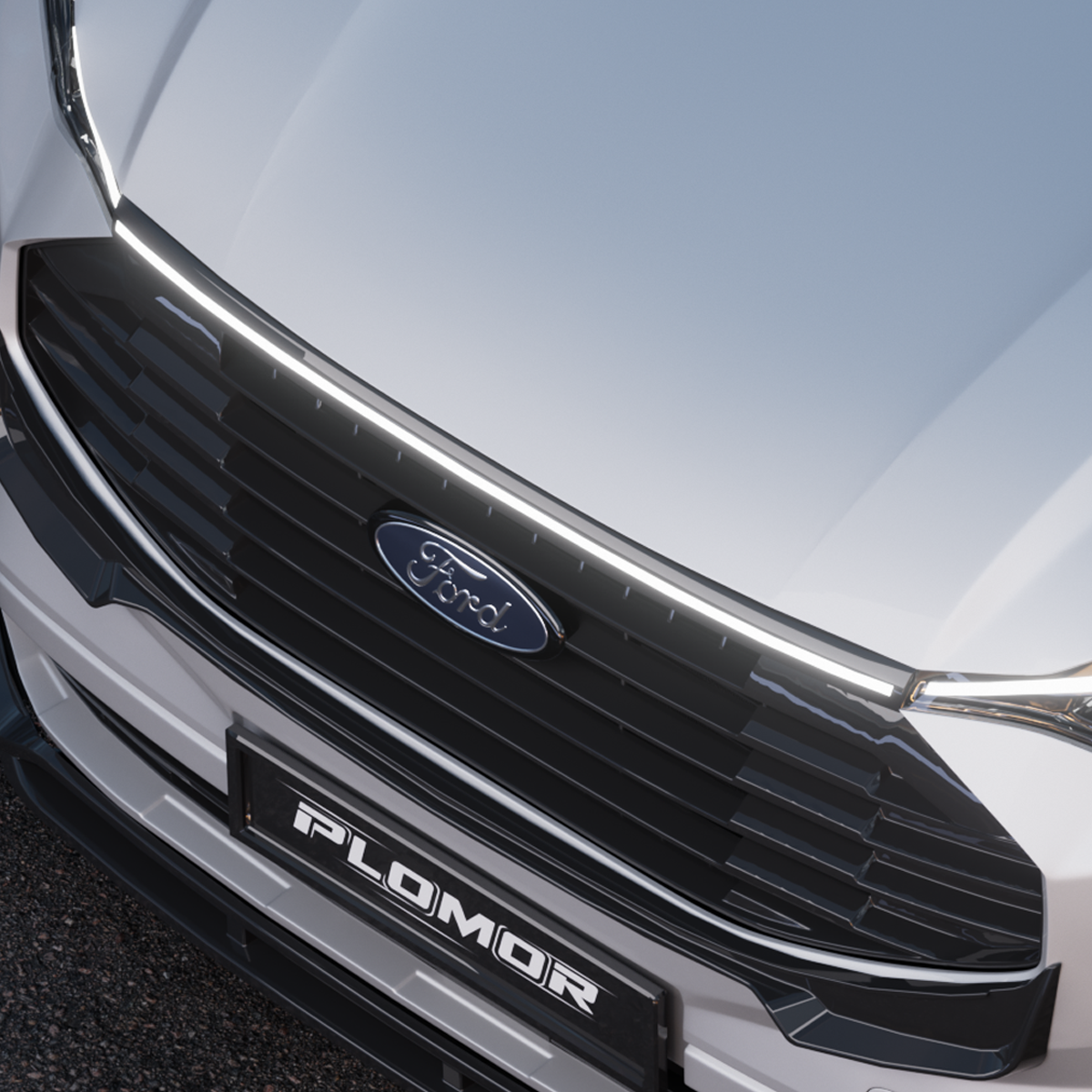 Ford Transit 2024+ front grille with LED lighting, installed and ready to improve visibility and enhance the vehicle's sporty look.
