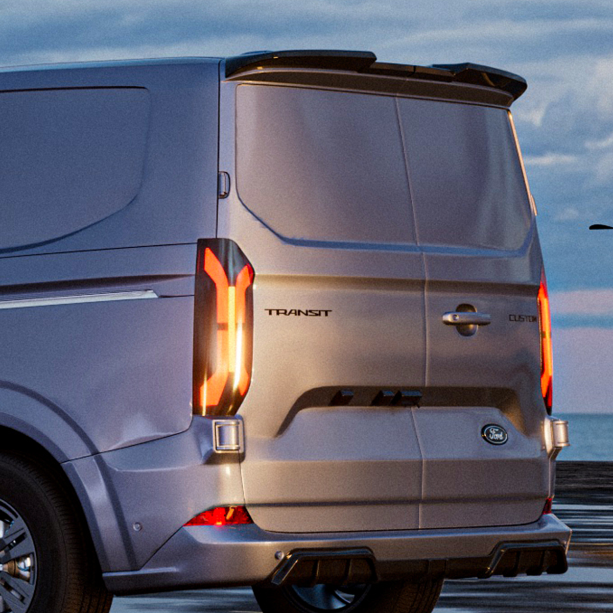 Clean OEM fit rear spoiler installed on Ford Transit Custom