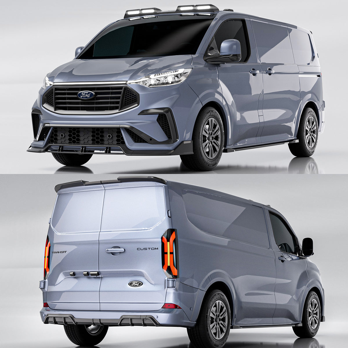 PLOMOR Gloss Black Body Kit for Ford Transit with Front Lip, Side Skirts and Rear Trim