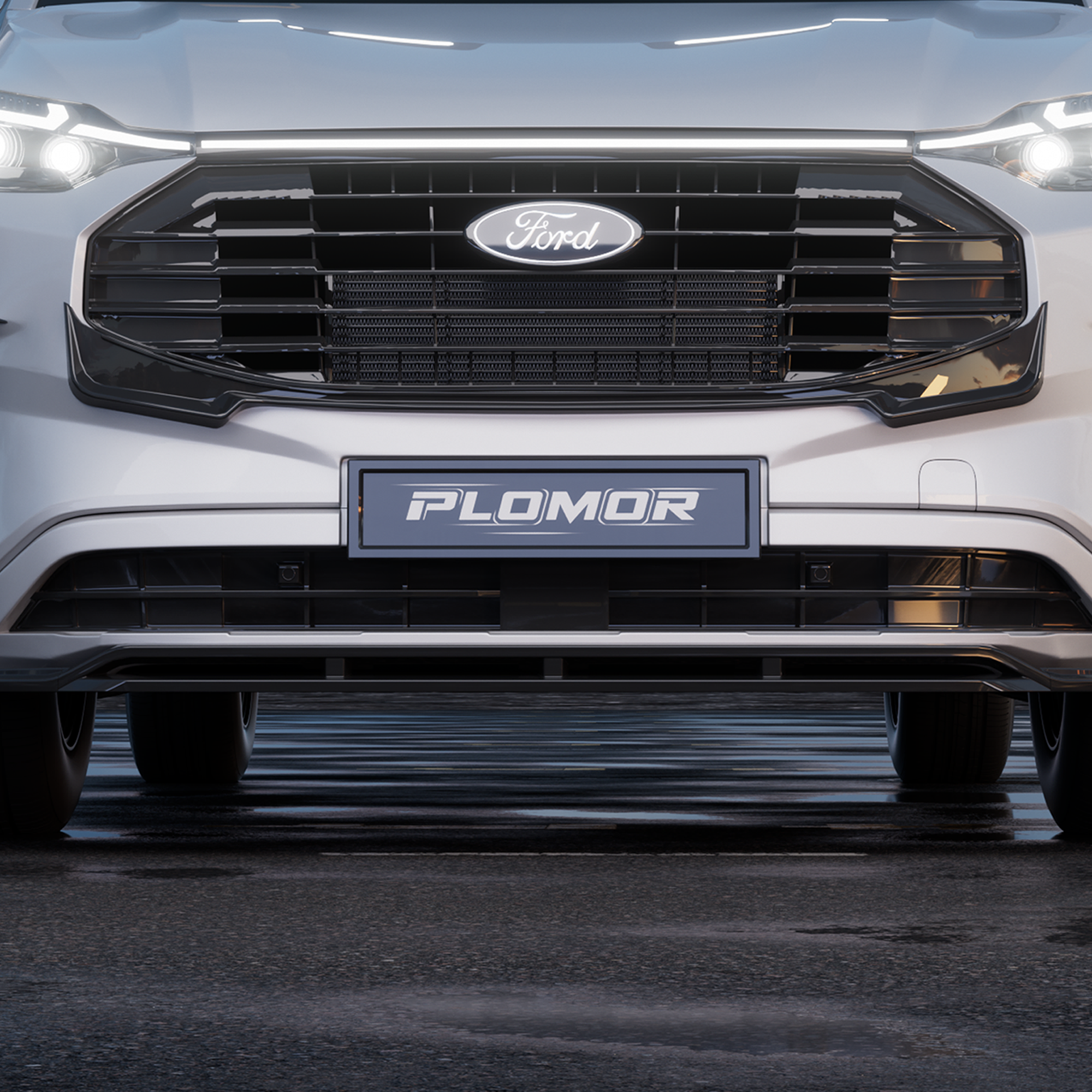 Ford Transit 2024+ front grille installed with LED lights, featuring a durable ABS build and a sleek gloss black finish for a sporty look.