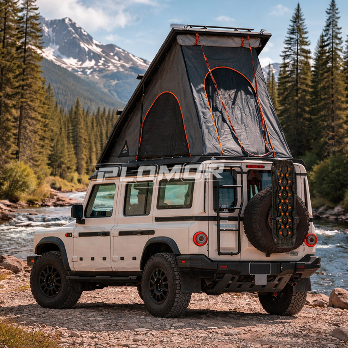 "Front view of Ineos Grenadier with black aluminium headlight guards for protection against debris"