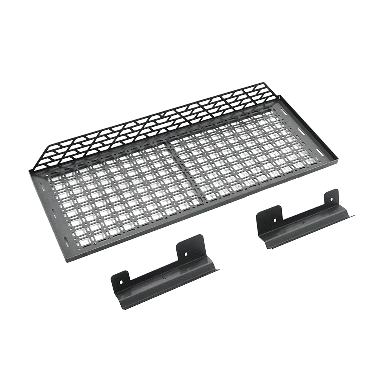 Upper storage shelf in INEOS Grenadier rear cargo area keeping smaller items organised and easily accessible.
