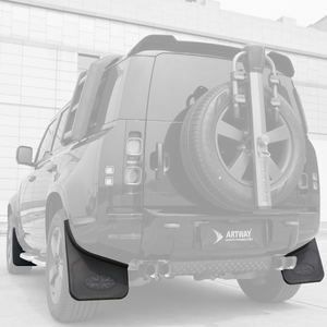 PLOMOR Defender 130 Union Jack Mud Flaps Installed Rear View | ABS OEM Fit