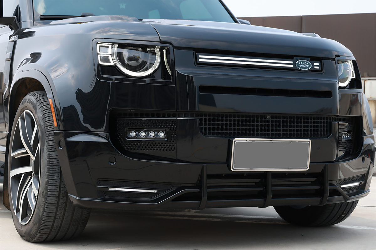 ABS & LED front lip kit  - PLOMOR Defender 90/110 Gloss Black LED Front Lip Splitter – ABS Bumper Spoiler Kit