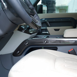 Installed carbon fiber door trim detail on Land Rover Defender OEM style fit