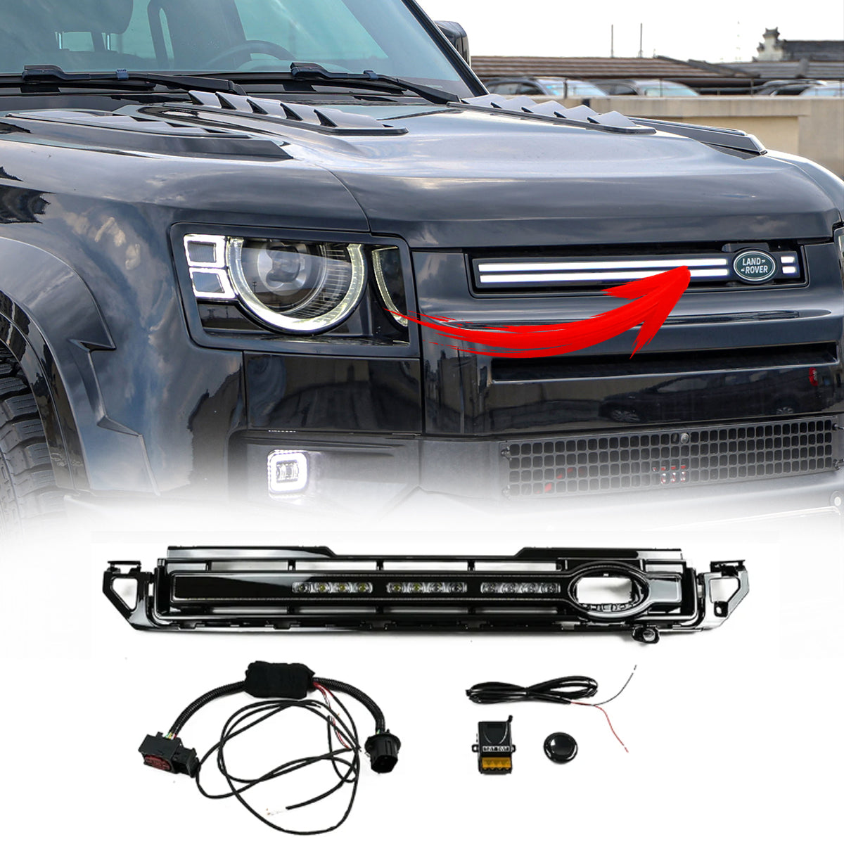 Defender L663 gloss black A-pillar trim detail