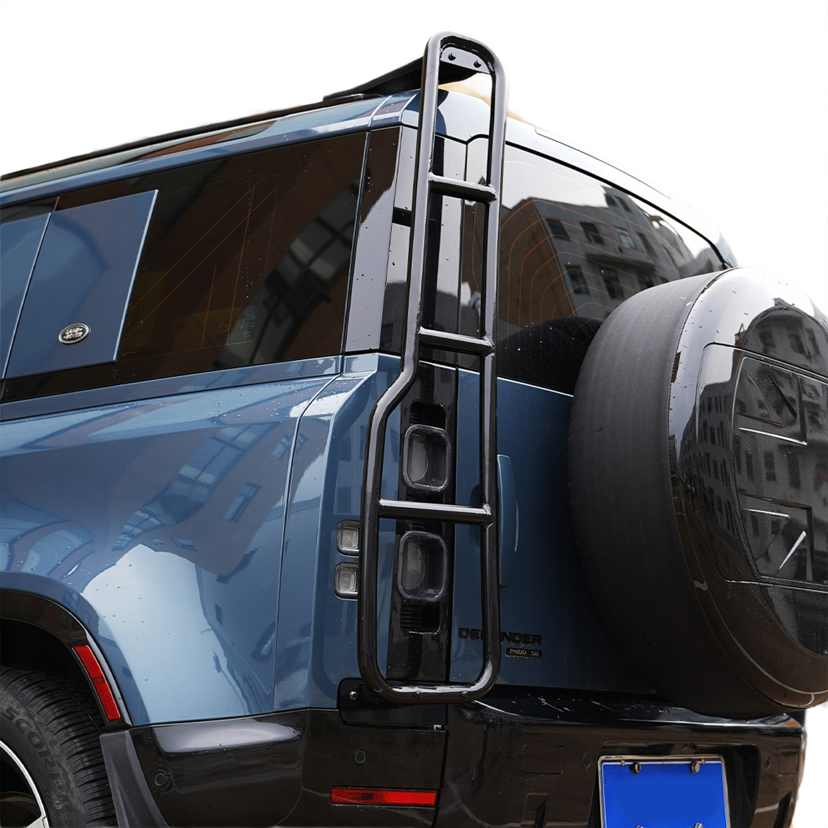 Rear view of Land Rover Defender with gloss black rear ladder