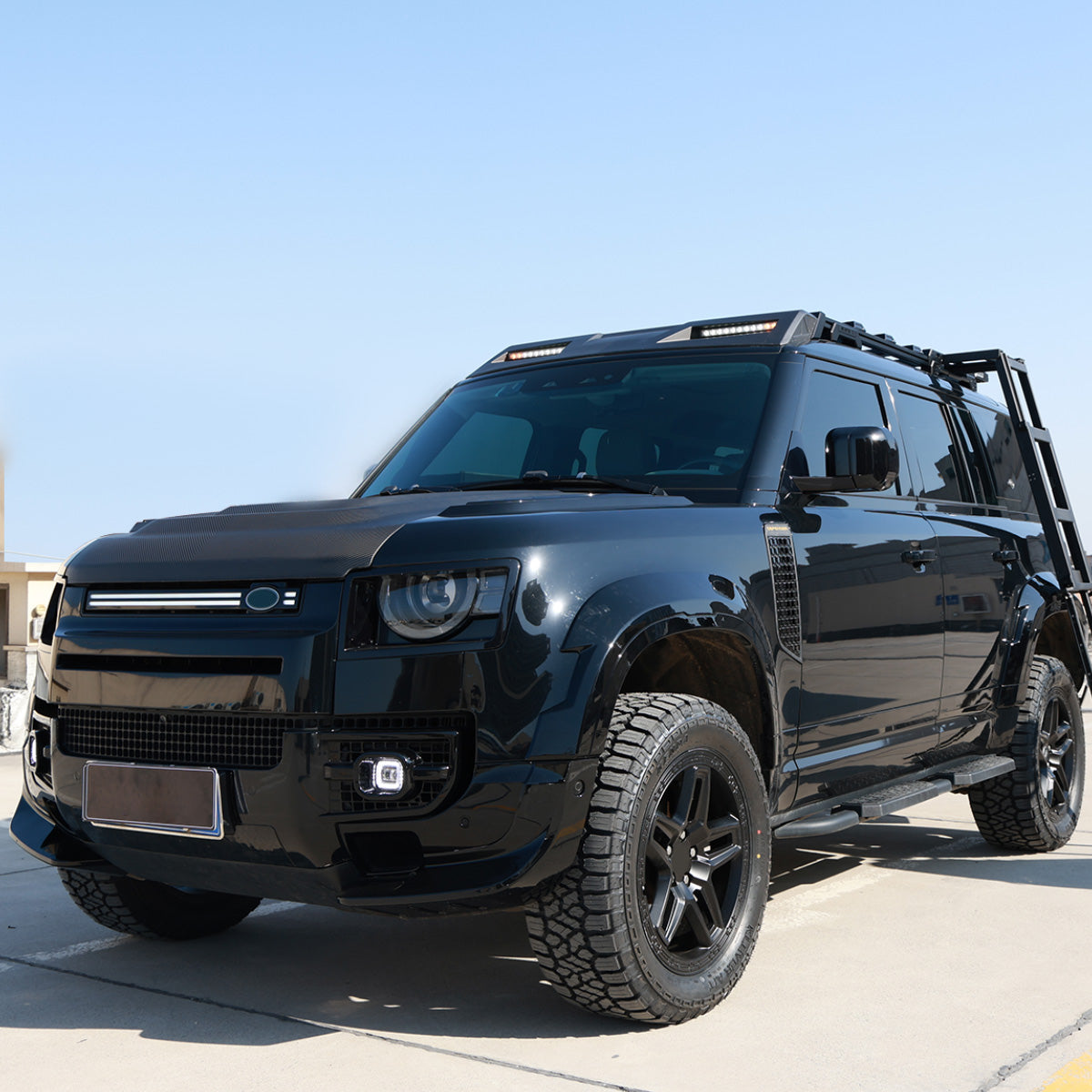 Installed roof rack ladder view on Defender 110