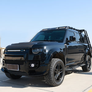 Installed roof rack ladder view on Defender 110