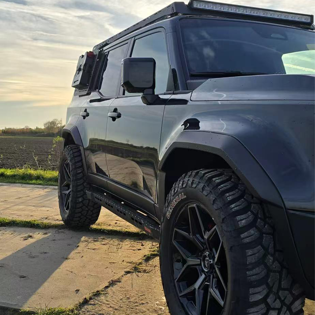 Black textured fender flares (wheel arches) designed for the LC1958 Land Cruiser, providing extended coverage for off-road use and an aggressive look.