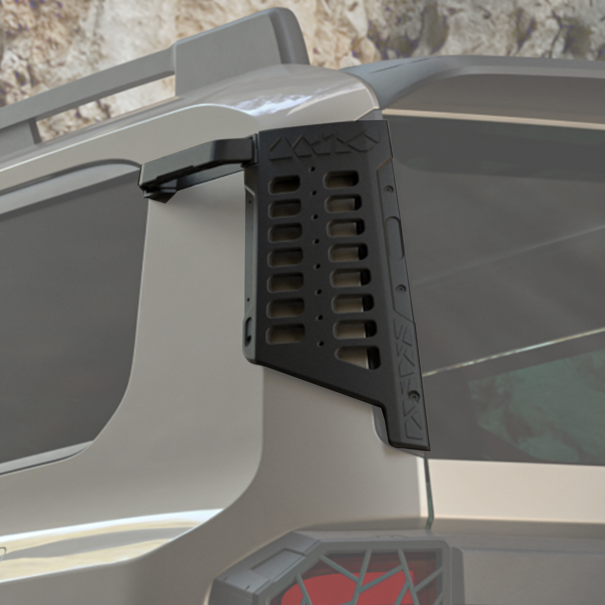 Modular D-Pillar platform on LC250 used to secure recovery gear and off-road tools
