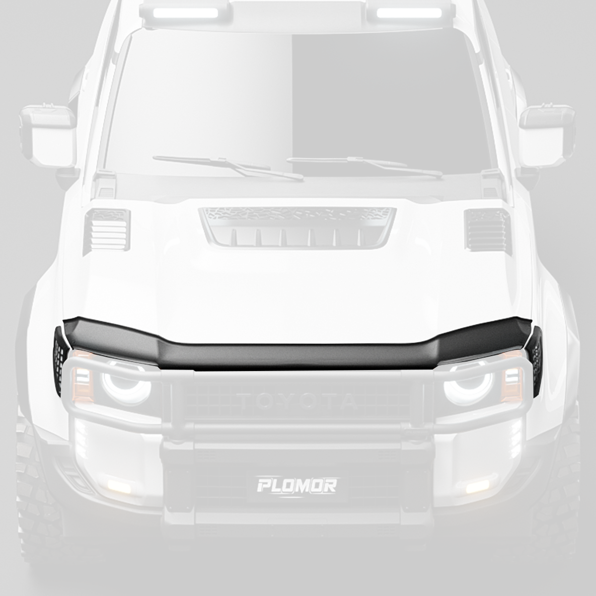 Close-up of black PP front bug shield hood deflector installed on Toyota LC250 showing precise fit and edge details
