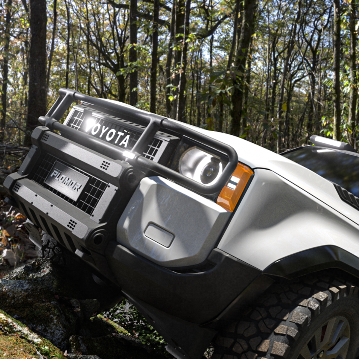 Front tube bumper installed on LC250 showing aggressive design and OEM-style integration