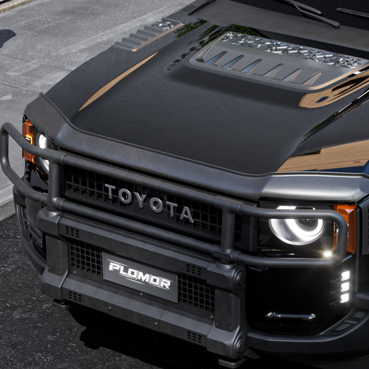 Aluminium tube bumper on Toyota LC250 with auxiliary lights mounted in integrated light brackets