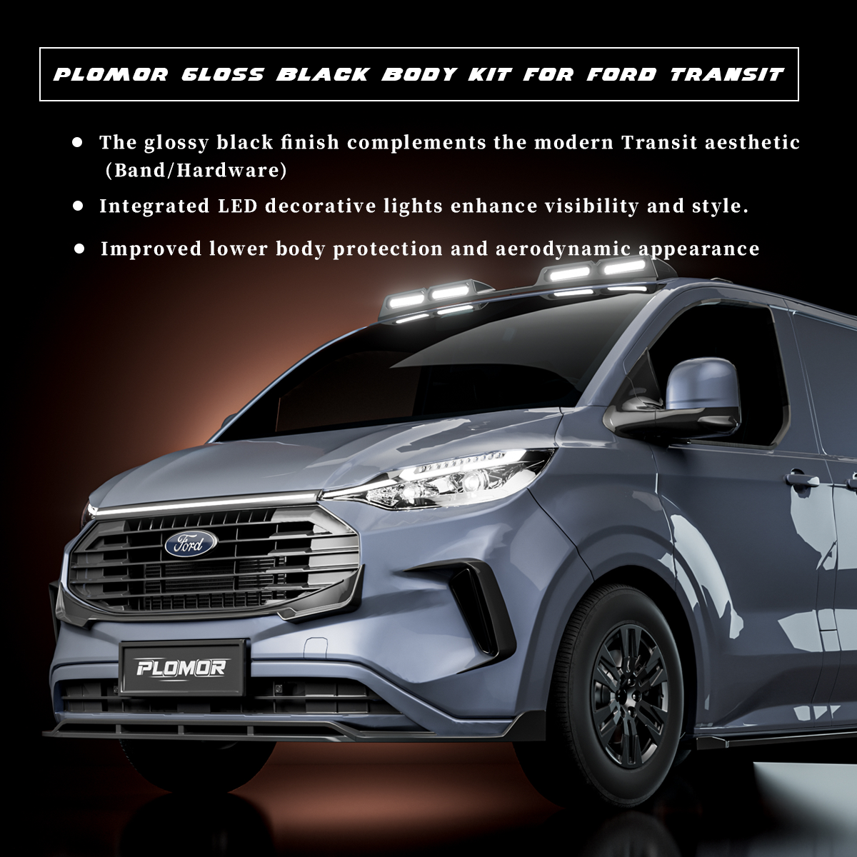 Lightweight ABS and PP body kit for Ford Transit with weather-resistant finish and LED lights.