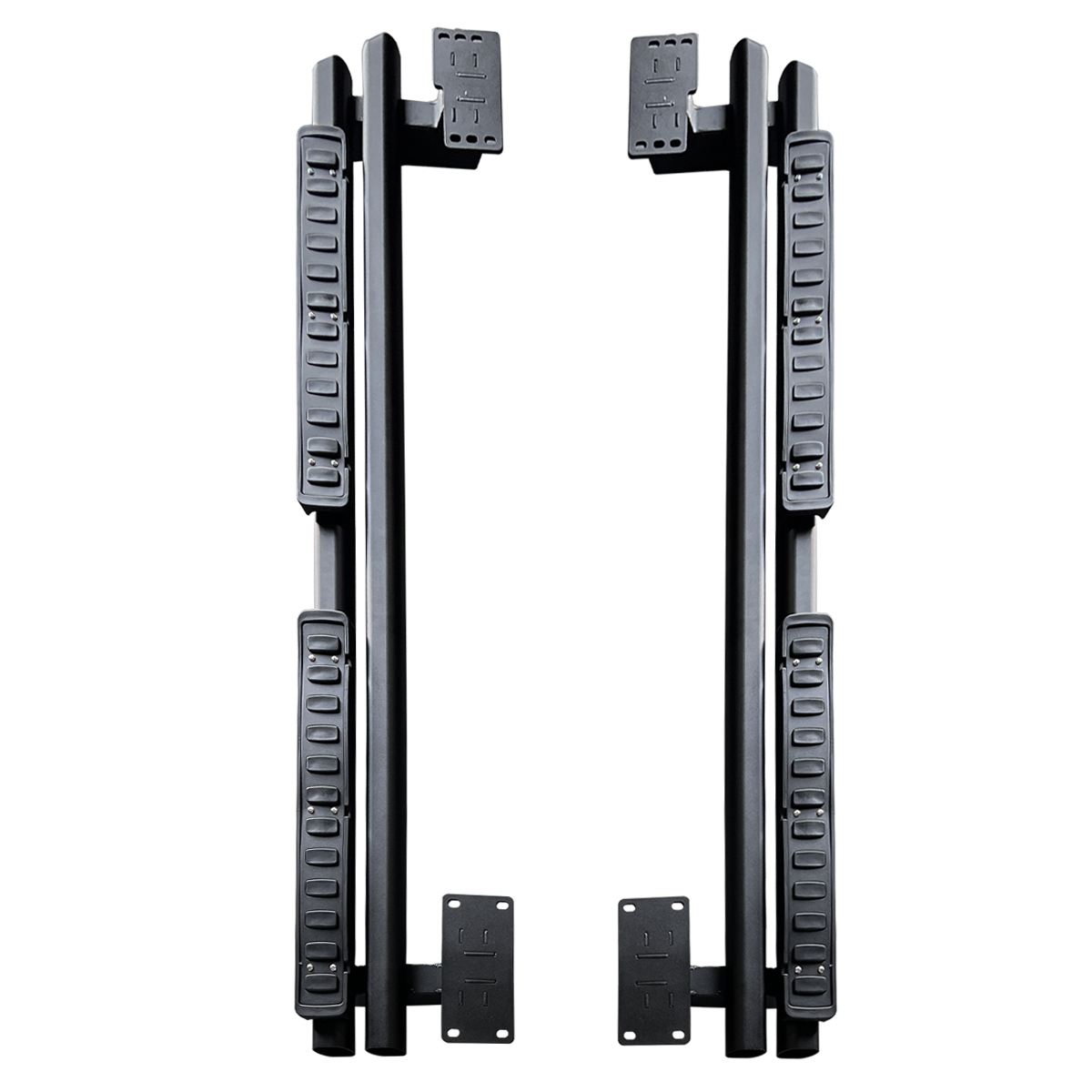 plomor-An image showing the Dual-Tube Fixed Side Steps installed on the side of an INEOS Grenadier. The steps are made from black powder-coated aluminium alloy and clearly show the double-bar structure and integrated anti-slip step pads.