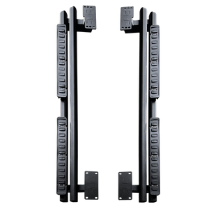 plomor-An image showing the Dual-Tube Fixed Side Steps installed on the side of an INEOS Grenadier. The steps are made from black powder-coated aluminium alloy and clearly show the double-bar structure and integrated anti-slip step pads.