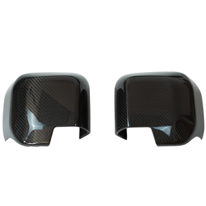 PLOMOR Carbon Fiber Mirror Cover installed on Land Rover Defender 90 front view