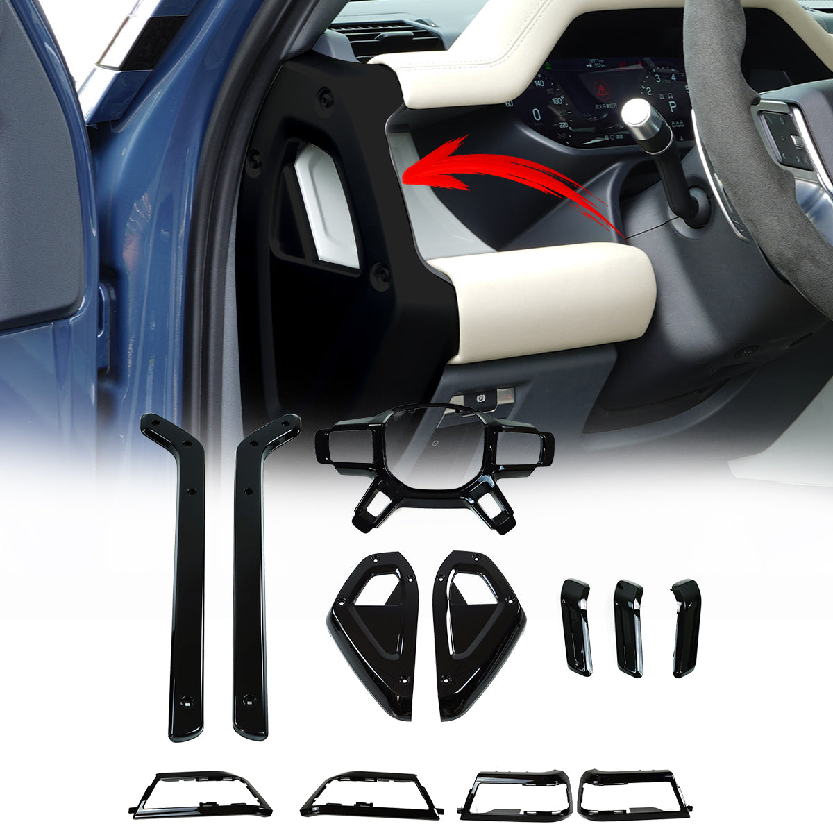 PLOMOR Gloss Black Interior Trim Kit for Land Rover Defender 90 110 130
