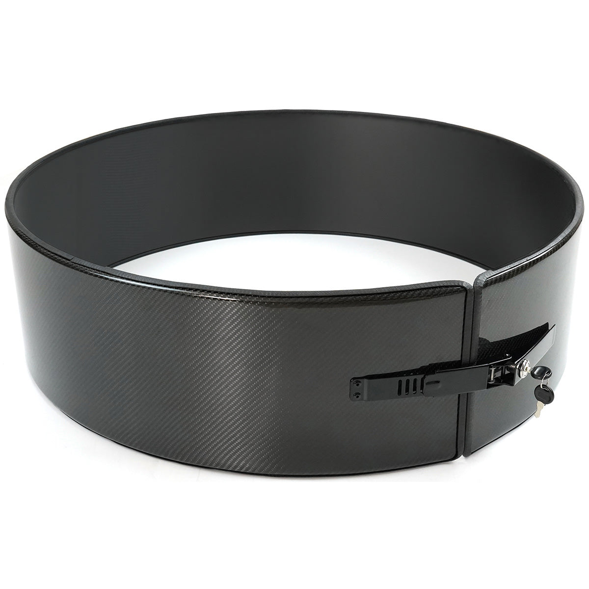 Top view showing glossy carbon finish of PLOMOR spare wheel outer ring for Defender 90/110/130 (L663)