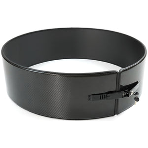 Top view showing glossy carbon finish of PLOMOR spare wheel outer ring for Defender 90/110/130 (L663)