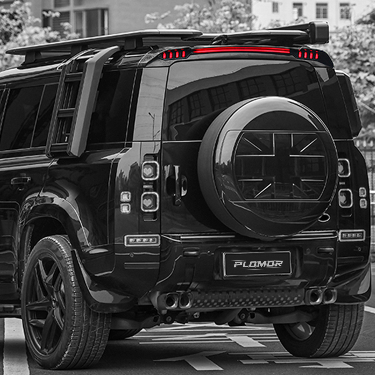 Rear view installed spoiler for Land Rover Defender 90 110 130